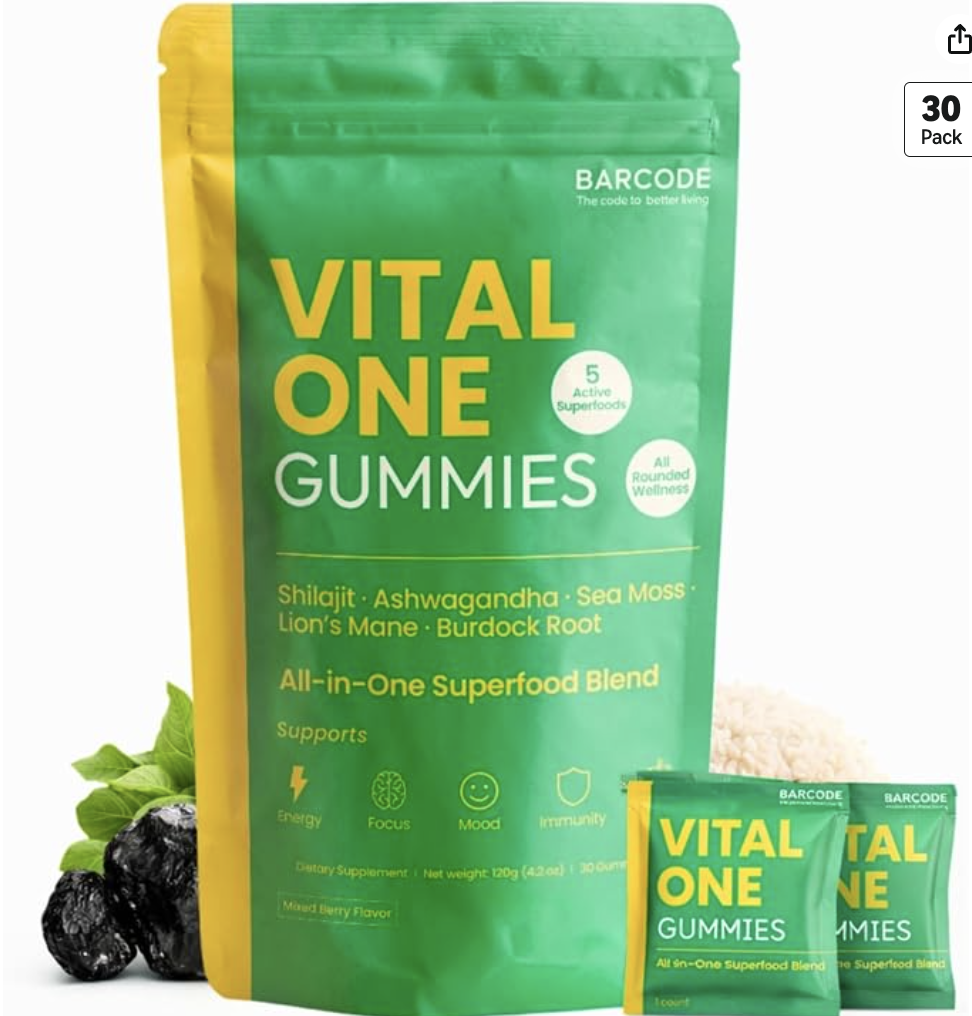 BARCODE Vital One Gummies pouch and daily packs, a mixed berry superfood blend with Shilajit, Ashwagandha, Sea Moss, Lion's Mane, and Burdock Root