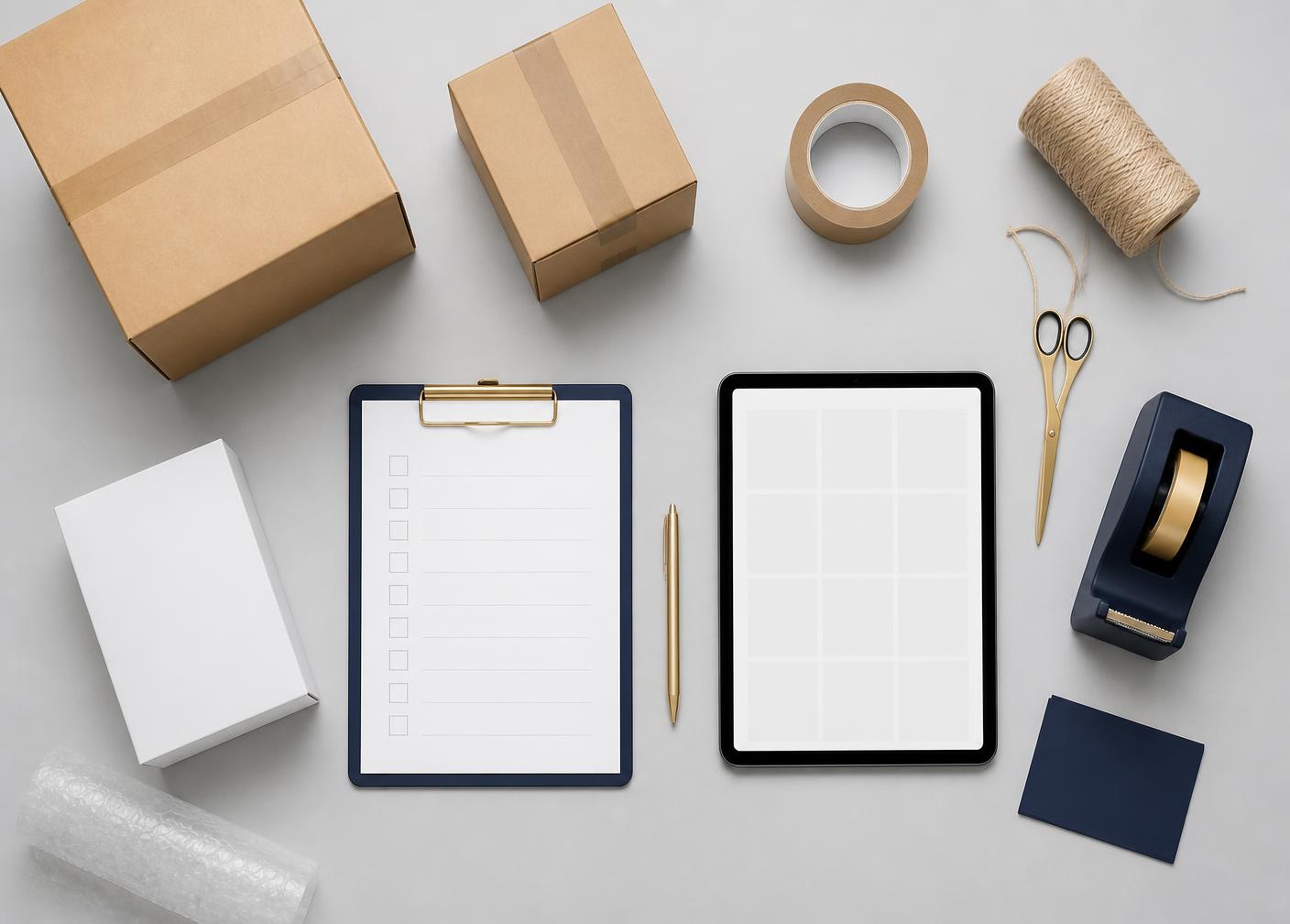 Overhead view of shipping cartons, packing supplies, a blank checklist and a tablet used for marketplace listing preparation